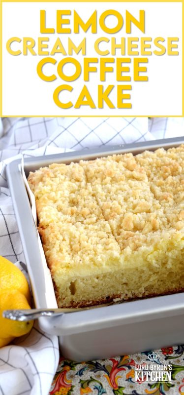 Lemon Cream Cheese Coffee Cake is extra lemony, with a creamy filling and a crumbly topping. Light, refreshing, and delicious; brew the coffee and invite your friends! #lemon #coffee #cake #cream #cheese #dessert #summer