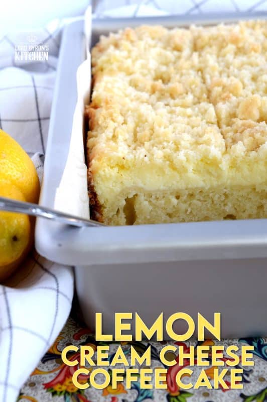 Lemon Cream Cheese Coffee Cake is extra lemony, with a creamy filling and a crumbly topping.  Light, refreshing, and delicious; brew the coffee and invite your friends! That's assuming you'll want to share this cake with anyone after you get your first taste! #lemon #coffee #cake #cream #cheese #dessert #summer