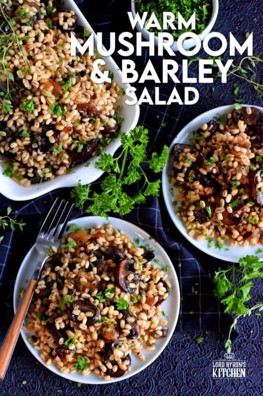 A warm, hearty salad is a great wintertime dinner option, but it's also quite delicious served as a main on a warm, spring evening.  Warm Mushroom and Barley Salad is prepared with caramelized shallots and is bursting with bright citrus-y flavour too! #barley #warmsalad #mushrooms #cremini #vegetarian #wintersalad