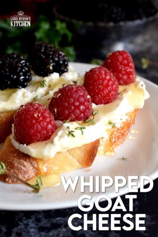 Goat cheese is a very versatile ingredient, but it's best when served on warm, grilled bread and topped with fresh fruit or sliced veggies. A drizzle of honey makes it just perfect!  Whipped Goat Cheese is sweet, salty, and peppery; it's hard not devour the whole lot of it! #cheese #goatcheese #crostini #appetizer #spread #dip #charcuterie