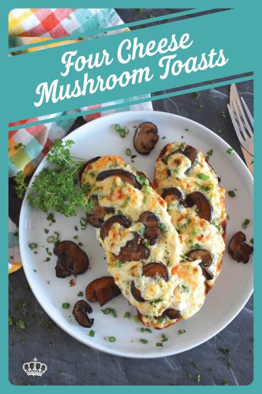 Sometimes you want something quick, easy, and filling. And, sometimes, you want something that is all of those things, as well as cheesy, messy, and loaded with carbs. Four Cheese Mushroom Toasts is just what you need! It’s one of those great weeknight dinners that just makes you feel all warm and cozy! #toast #mushroom #cheeses #cheesy