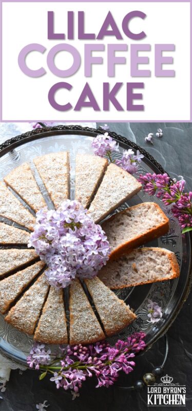 The old adage that simple is better certainly applies in the case of this Lilac Coffee Cake. A light dusting of confectioner's sugar and some gently placed lilac branches is all this moist and spongy cake needs to look superb! A perfect early summer treat, served with a tea or coffee - it really doesn't get any better! #lilac #edibleflowers #lilacs #cake #coffee #summer #spring #dessert