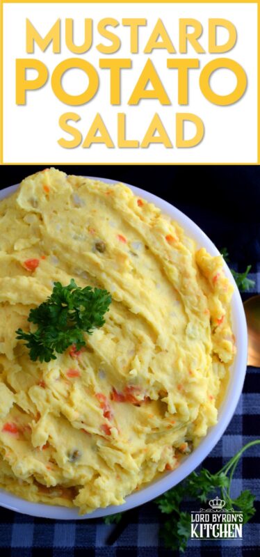 Mustard Potato Salad is very similar to regular potato salad, but with tang and zing from yellow mustard. Adding a vegetable medley consisting of peas, beans, corn, and carrots gives the salad more texture and flavour. Update your regular salad with a new flavour profile! #potato #salad #mustard #newfie #newfoundland #recipes