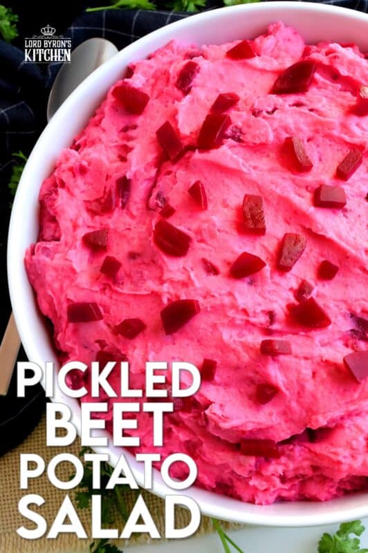 Pickled Beet Potato Salad is a sweet and creamy side dish paired perfectly with chicken or roast beef; a perfect summer potluck take-along side dish! Vibrantly pink and quite frankly, a bit odd, but super delicious and a conversation starter too!  What more could you ask for in a potato salad? #pickled #beet #potato #salad #potatosalad #pinkfood