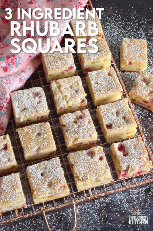 Perfectly sweet and puckeringly tart, 3 Ingredient Rhubarb Squares take thirty minutes from start to finish. These are a quick and easy treat which can be effortlessly whipped up when your neighbour announces they're dropping by for tea this afternoon. All in one bowl, so a simple clean up too! #rhubarb #squares #bars #cookies #3ingredient #dessert