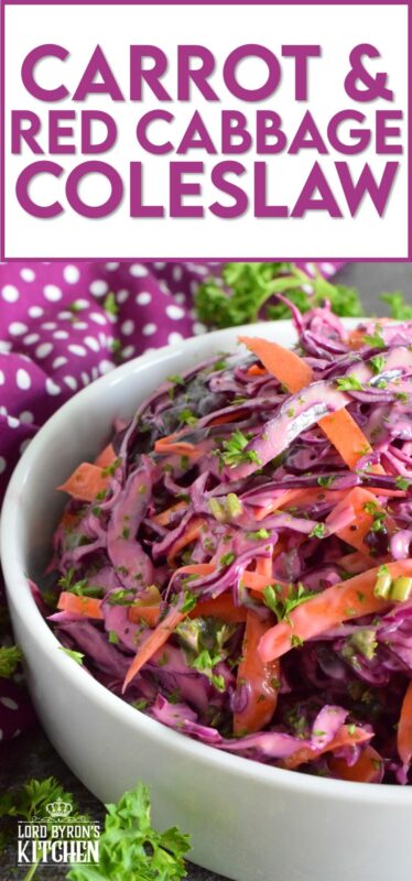 Carrot and Red Cabbage Coleslaw is the best of both worlds. It is a little bit creamy and a little bit vinegary, which is a combination of the two sides of the coleslaw debate. Vibrantly colourful and super crunchy, this coleslaw will brighten up any plate as a side, or make it a perfect addition to sandwiches, tacos, burritos, burgers, and hot dogs too!  #redcabbage #coleslaw #salad #celery #creamy #seeds