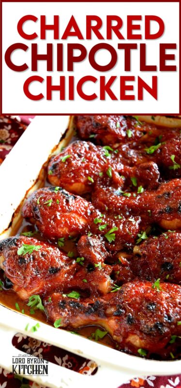 In this Charred Chipotle Chicken recipe, inexpensive drumsticks are baked with onion and then topped with a thick, sweet sauce consisting of chipotle peppers in adobo sauce, vinegar, brown sugar, and more.  This is certainly an easily family pleasing main! #bakedchicken #drumsticks #spicychicken #chipotle #adobosauce #saucy