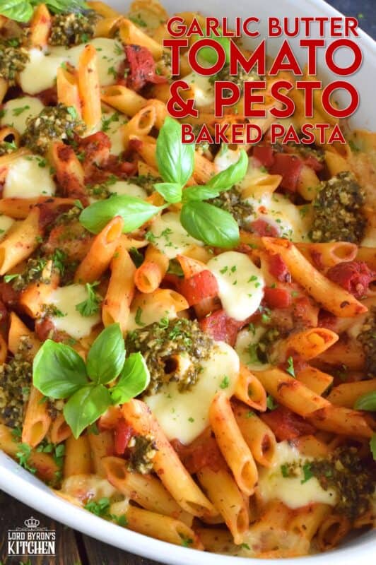 That title is a mouthful and that's exactly what you will have once you prepare this Garlic Butter Tomato and Pesto Baked Pasta in your home! Perfectly cooked pasta is flavoured with both seasoned tomatoes and basil pesto and baked with garlic butter and bocconcini until melted and gooey. This just might be my new favourite way to make pasta! #bakedpasta #pasta #casserole #ziti #basil #pesto #cheesy #garlicbutter