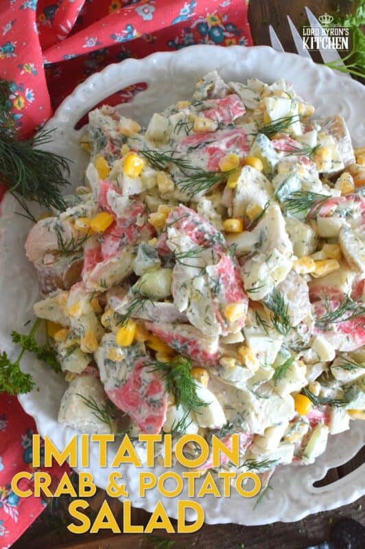 Chunky potatoes, flaky crab, crisp corn, crunchy cucumber, and chopped hard boiled eggs make up this Imitation Crab and Potato Salad. A savoury, creamy, smooth dressing consisting of mayonnaise, fresh dill, champagne vinegar, and a few other ingredients bring the salad together in cohesive, deliciously incredible dish! #crab #seafood #potatosalad #imitationcrab #summerside