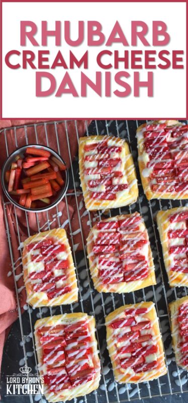 Puff pastry is rolled out and cut to form the base for these Rhubarb Cream Cheese Danish delights! Spread with a sweet, cream cheese mixture and topped with fresh rhubarb, they're baked until golden brown, crispy and flaky. Once cooled, they are drizzled with an easy to prepare glaze. It's so hard to eat just one of these! #creamcheese #rhubarb #danish #tart #puffpastry