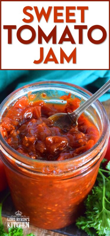 Sweet Tomato Jam is a thick, sticky jam prepared with summer fresh tomatoes, onions, and seasonings. Move over ketchup; there's a new condiment in town! #tomato #jam #sweet #homemade