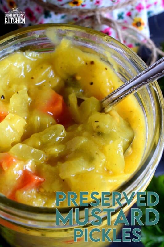 Preserved Mustard Pickles are a sweet and tart condiment or side dish made from cauliflower, zucchini, red bell pepper, onion, and carrot. A condiment so delicious, I often eat it as a side dish! #preserved #canning #mustard #pickles #newfoundland #newfie