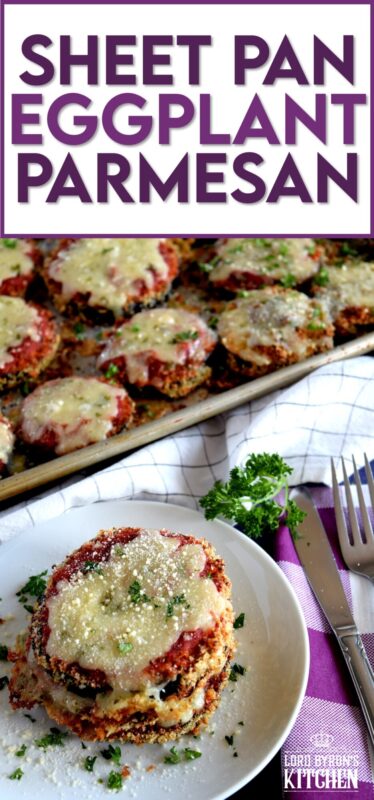 An update on an old Italian classic; this healthier version of Sheet Pan Eggplant Parmesan is bursting with flavour.  No need to pan-fry the eggplant first in this version; it's coated in panko crumbs and baked to keep it crispier and lighter! #eggplant #parmesan #eggplantparmesan #italianrecipes #sheetpan #sheetpanrecipes #eggplant #parmesan #eggplantparmesan #italianrecipes #sheetpan #sheetpanrecipes