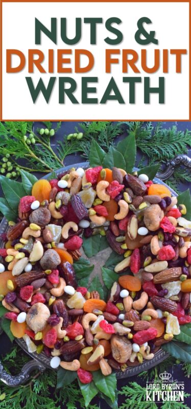 Christmastime is synonymous with nuts and fruits, so with that in mind, a Nuts and Dried Fruit Wreath was an obvious choice! No cooking or baking is necessary here! Assemble this beautiful, healthy snack wreath in very little time with a quick trip to your favourite bulk food supply store! #driedfruit #nuts #snacks #christmas #partyfoods #snackbowl
