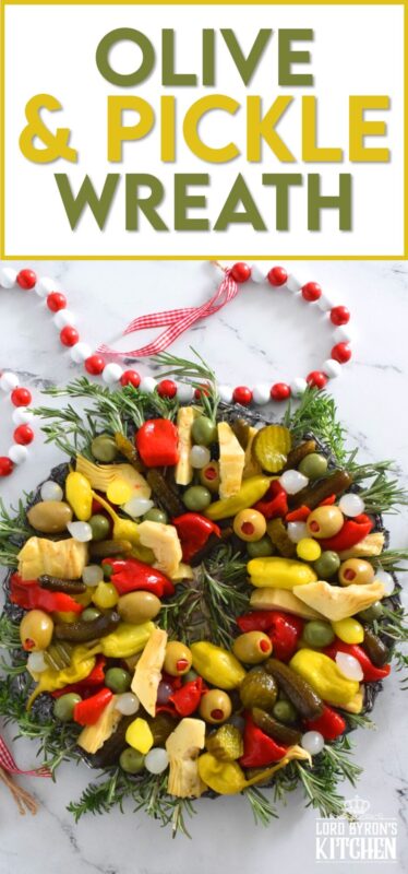 This bright and shiny edible wreath is packed full of sweet, salty, and tangy flavour! Consisting of your favourite pickled and marinated foods, an Olive and Pickle Wreath is the answer to every host's holiday appetizer table. Assemble on a platter and refrigerate until ready to serve. It's easy, delicious, and festive! #olives #pickles #charcuterie #christmas #holiday #partyfood