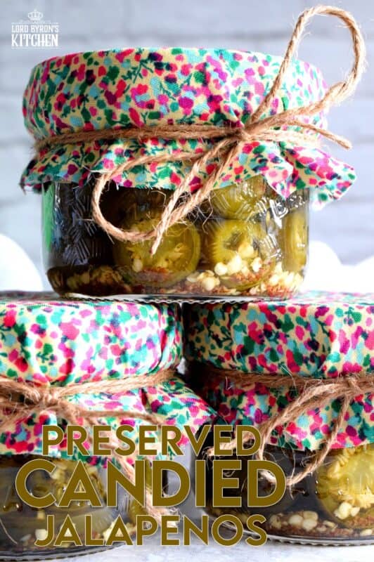 Preserved Candied Jalapenos are bite-sized morsels of heat and sweet - these are highly addictive, easy to prepare, and are a great addition to so many of your favourite recipes!  This recipe makes four jars, but can easily be doubled or tripled if you feel like sharing!  These make a great bring-along hostess gift too! #jalapenos #pickled #preserved #waterbath #canning