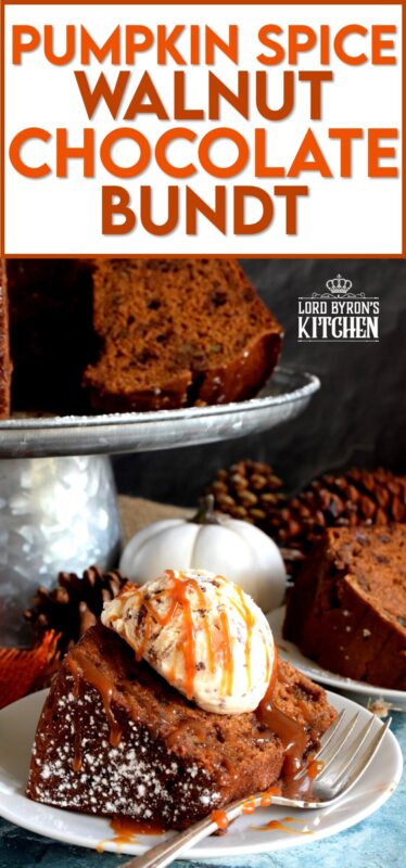 Perfectly moist and decadent on its own, but can be dressed to impress with a scoop of ice cream and some caramel drizzle. Pumpkin Spice Walnut Chocolate Bundt cake is a big cake and it's perfect for sharing! #pumpkinspice #pumpkin #spice #walnut #chocolate #bundt #cake #bundtbakers