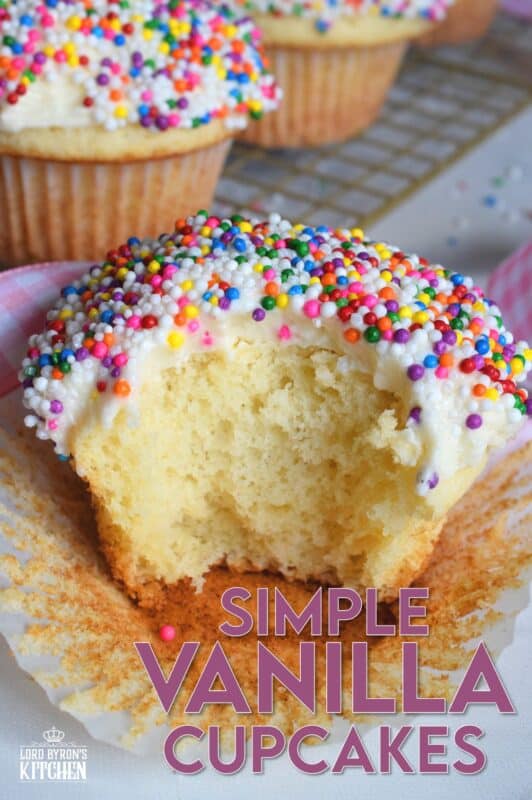 Simple Vanilla Cupcakes are the ultimate go-to recipe for birthdays, special occasions, or just because! Top these with your favourite homemade or store-bought frosting and be sure to add lots and lots of sprinkles too! #classic #simple #oldfashioned #vanilla #cupcakes #easy