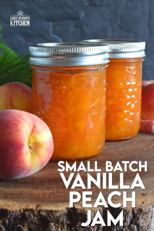 Easy to prepare Small Batch Vanilla Peach Jam is one of my favourite summertime preserves. Prepare this jam when peaches are in season for the best results. All you need are peaches, sugar, and a drop of good vanilla extract. #peach #jam #peaches #smallbatch
