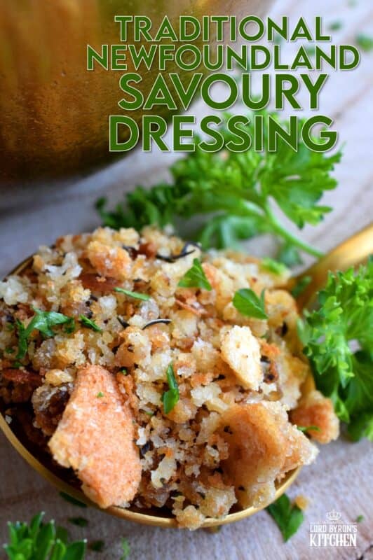 Loved throughout Newfoundland, this traditional baked dressing uses pure savoury to transform a bread stuffing into something extraordinarily tasty! The same preparation method is applied whether you bake or pan-fry the dressing, and even if you stuff it into your turkey! #newfoundland #recipes #stuffing #dressing #traditional