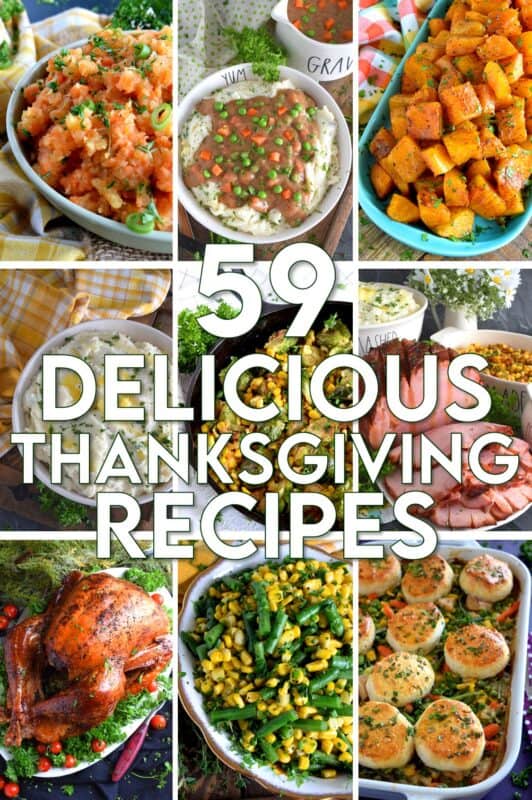 In our home, we have some holiday favourites that we prepare each and every year, but there's always room for one or two more new recipes too! In this collection of 59 Delicious Thanksgiving Recipes, you will find everything you need to make a complete - and impressive! - dinner. Let me share with you my favourite mains and sides and teach you how to make them for your family! #thanksgiving #recipes #collection #dinner #sides
