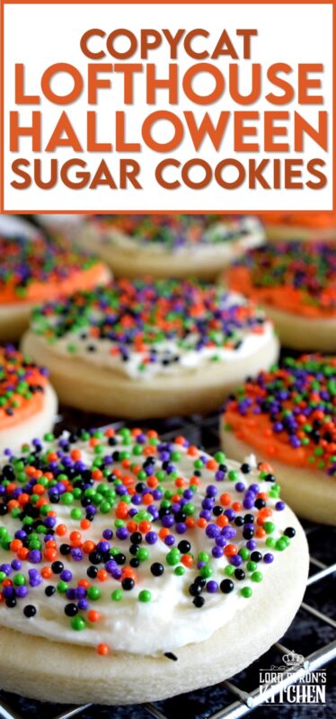 Copycat Lofthouse Halloween Sugar Cookies, a popular grocery store and bakery cookie confection in a homemade version, proving that homemade is always better! The next time you’re in line at the grocery store, look away from the store-bought ones, knowing full well that you can make them better yourself! #lofthouse #cookies #copycat #halloween #sugarcookies #sprinkles