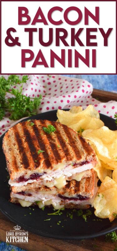 Stuffed to the max with sliced turkey, crispy bacon, and cranberry sauce, this Bacon and Turkey Panini is very moist and juicy. Oh, and it's also loaded with melted, gooey cheese! This sandwich is the best way to use up your Thanksgiving leftovers! If you don't have a panini press, don't worry; I have a solution! #sandwich #panini #grilledsandwich #paninipress #leftovers #turkey #bacon