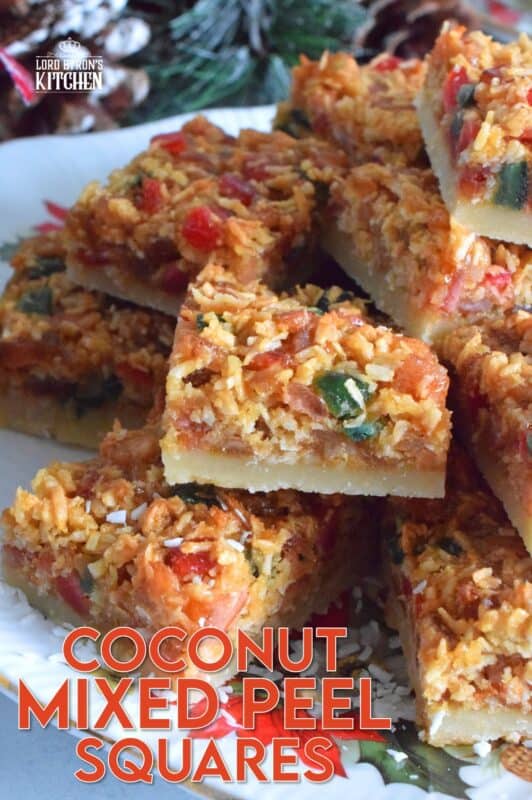 A quick and easy sweet treat which can be made almost entirely with items you already have in your pantry.  Coconut Mixed Peel Squares have a simple shortbread-like base, and are topped with a sweet, chewy topping consisting of an Old English fruit cake mix.  These squares are where fruitcake and shortbread marry to create the most delicious confection! #coconut #mixedpeel #fruitcake #christmas #holiday #baking