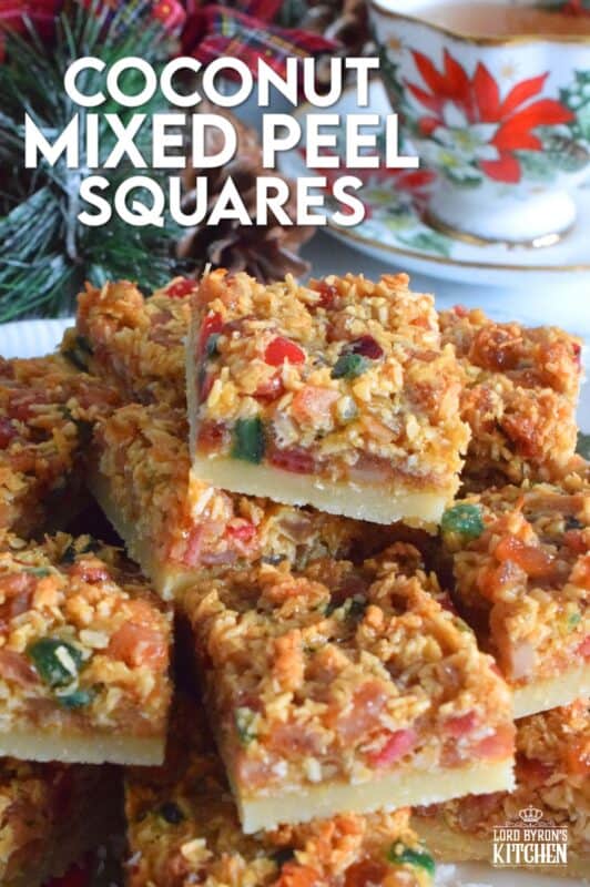 A quick and easy sweet treat which can be made almost entirely with items you already have in your pantry.  Coconut Mixed Peel Squares have a simple shortbread-like base, and are topped with a sweet, chewy topping consisting of an Old English fruit cake mix.  These squares are where fruitcake and shortbread marry to create the most delicious confection! #coconut #mixedpeel #fruitcake #christmas #holiday #baking