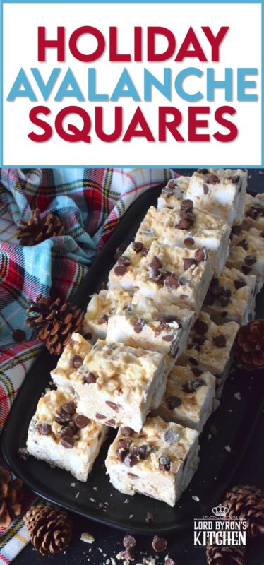 These no-bake treats are prepared with lots of white chocolate, creamy peanut butter, a few cups of rice cereal, and a good helping of marshmallows too.  Holiday Avalanche Squares are absolutely delicious!  The white chocolate is melted together with the peanut butter, and once cooled, the other ingredients are folded in to create these wonderfully high and cloudy-soft squares! #squares #bars #nobake #christmas #holiday #baking #cookies #chocolate