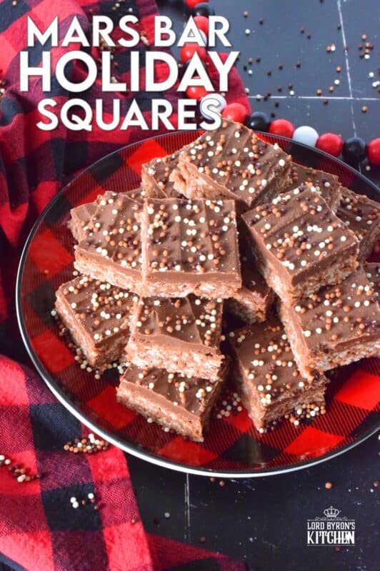 Melted Mars Bars, which consist of caramel, chocolate, and nougat are combined with butter, and rice krispies cereal in these Mars Bar Holiday Squares.  Topped with melted milk chocolate and sprinkles, these squares are a no-bake confection that everyone just cannot get enough of! #christmas #holiday #nobake #marsbar #milkyway 