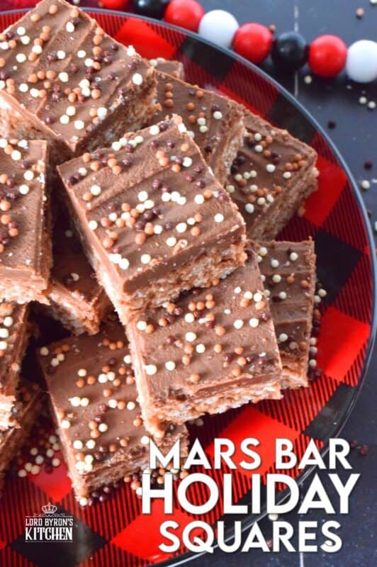 Melted Mars Bars, which consist of caramel, chocolate, and nougat are combined with butter, and rice krispies cereal in these Mars Bar Holiday Squares.  Topped with melted milk chocolate and sprinkles, these squares are a no-bake confection that everyone just cannot get enough of! #christmas #holiday #nobake #marsbar #milkyway 