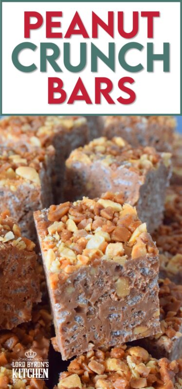 These no-bake bars are super delicious!  Prepared with both milk chocolate chips and peanut butter chips, these Peanut Crunch Bars are loaded with crispy rice cereal, toffee bits, and chopped, salted peanuts too!  Who needs store-bought treats when you can whip up a batch of these in mere minutes!? #peanutbutter #crunchbars #peanuts #chocolate #nobake #christmas #holiday #bars #squares