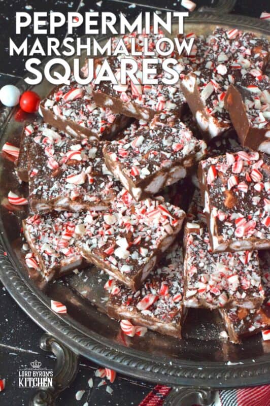 When it comes to no-bake Christmas recipes, you cannot go wrong with Peppermint Marshmallow Squares!  They are loaded with chocolate and peppermint-flavoured marshmallows.  Along with the peppermint extract and the crushed candy canes on top, these squares are perfect for the extreme peppermint lover! #peppermint #marshmallow #vegan #dandies #christmas #nobake