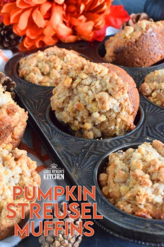This muffin is the perfect fall treat!  Pumpkin Streusel Muffins are chock full of pumpkin spice flavour and topped with a crunchy streusel topping made with chopped pecans.  This muffin has just the right amount of sweetness, and it's deliciously soft and moist!  It's hard to eat just one of these! #pumpkin #streusel #muffins #pumpkinspice #pecans