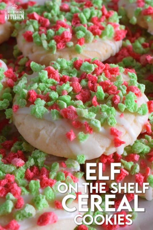Elf on the Shelf Cereal Cookies are prepared with a delicious sugar cookie base which has finely crushed cereal incorporated into the batter.  Next, the cookies are glazed and topped with lots of broken cereal bits.  These cookies are super crunchy and super flavourful! #elfontheshelf #sugarcookies #cereal
