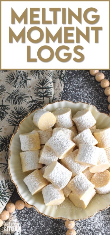 These light and fluffy cookies are prepared with cornstarch, which is what gives them that melt-in-your-mouth texture.  Simply flavoured with a bit of vanilla extract, confectioner's sugar, and butter, Melting Moment Logs are easy to prepare and must be featured in your holiday baking this year! #melting #meltingmoments #cookies #holiday #baking