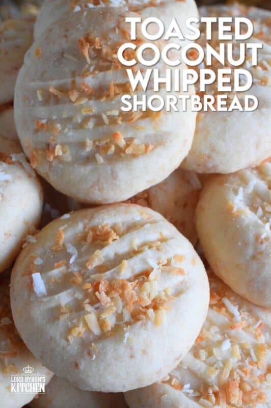 Christmas isn't Christmas without shortbread, and while everyone seems to have a favourite shortbread recipe or two, there's always room for one more!  Toasted Coconut Whipped Shortbread pairs an easy whipped shortbread cookie recipe with the wonderful taste of golden, toasted coconut, making this a must-bake cookie this holiday season! #coconut #shortbread #toasted #cookies
