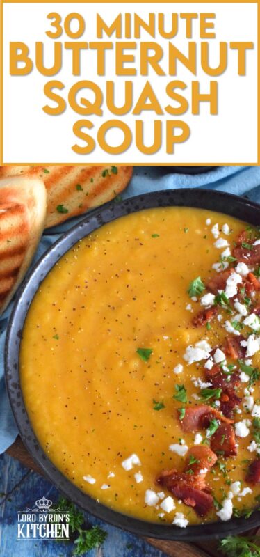 Save yourself some time by using store-bought, frozen squash for this recipe. It's one of those one-pot, all ingredients in at the same time, type of recipes. 30 Minute Butternut Squash Soup is creamy, full of flavour, and a perfectly warm and cozy family meal! #30minuterecipes #soup #vegan #vegetarian #dairyfree #meatlessmonday #butternutsquash #squash