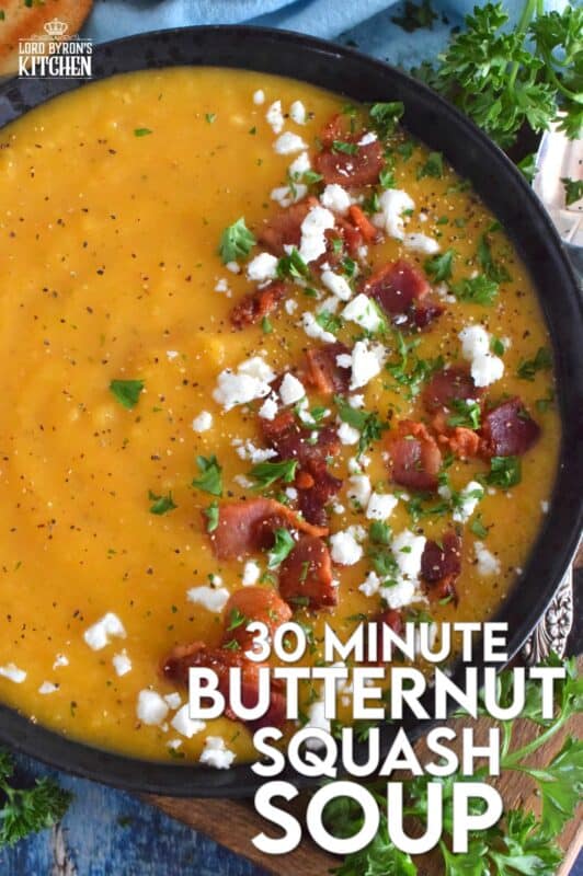 Save yourself some time by using store-bought, frozen squash for this recipe. It's one of those one-pot, all ingredients in at the same time, type of recipes. 30 Minute Butternut Squash Soup is creamy, full of flavour, and a perfectly warm and cozy family meal! #30minuterecipes #soup #vegan #vegetarian #dairyfree #meatlessmonday #butternutsquash #squash