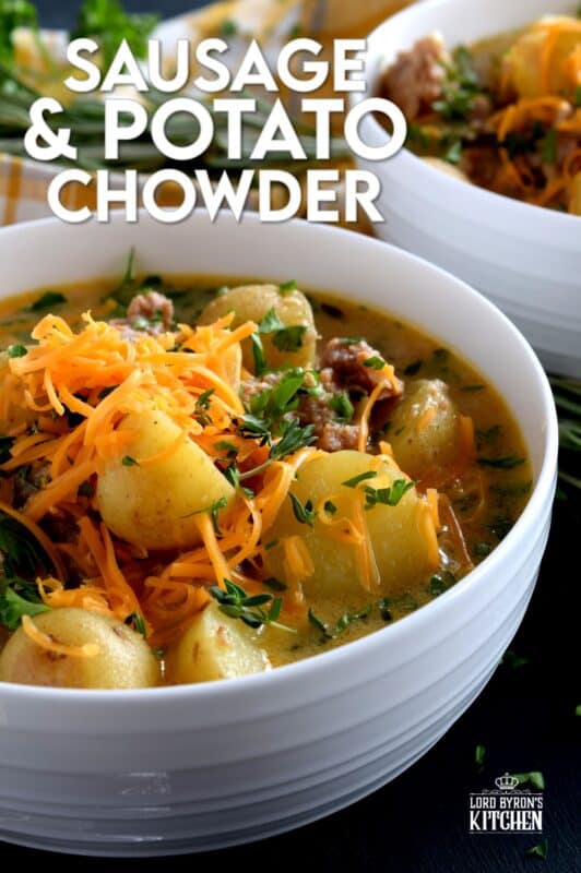 A savoury and hearty chowder which satisfies the cold weather hunger, Italian Sausage and Potato Chowder is flavourful and filling; you're going to love this recipe! Crumbled bacon or shredded cheddar cheese on top (or both!) is a great way to serve this dish! #sausage #italiansausage #chowder #potatosoup #cheese
