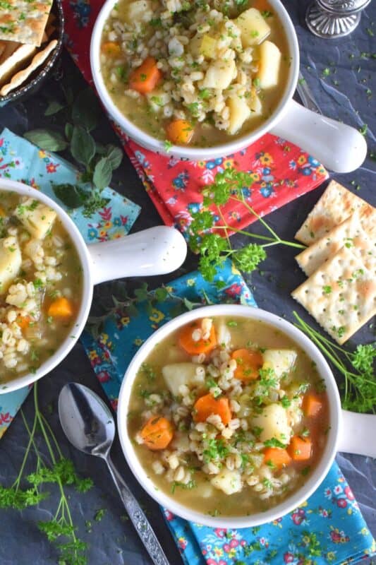 Based on the popular and delicious Scotch Broth, my Scotch Broth Soup is filling, hearty, and good for you too! Unlike the original which is prepared with lamb, mutton, or beef, this version is completely vegetarian and packed with pearl barley and lots of root vegetables! #soup #vegetarian #barley