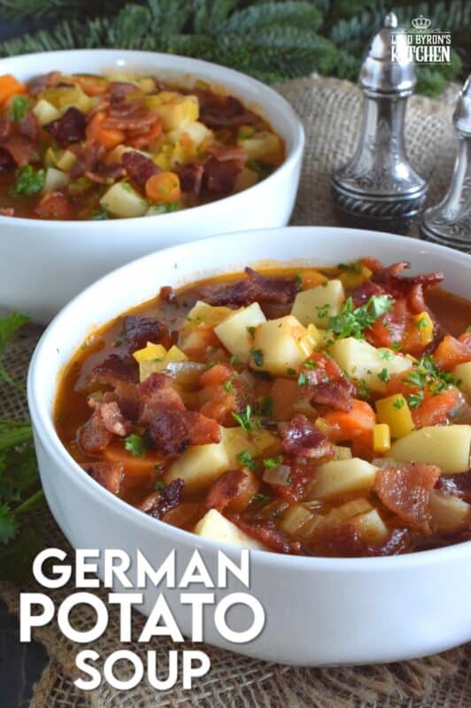 German Potato Soup starts off with bacon, which is a great start to any recipe!  Loaded with lots of root vegetables like onions, potatoes, celery root, and carrots, this soup also has leeks, which is a wonderful addition to any soup! Hearty and filling, this soup recipe is certainly a keeper! #soup #german #bacon
