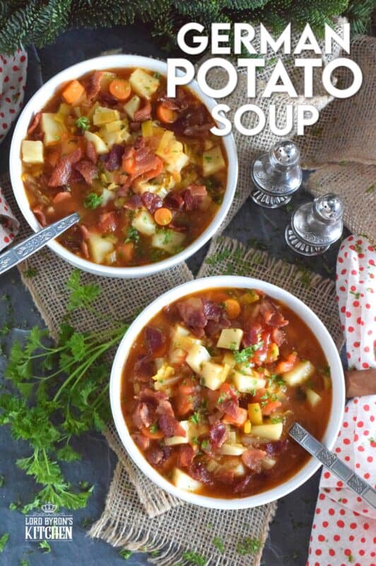 German Potato Soup starts off with bacon, which is a great start to any recipe!  Loaded with lots of root vegetables like onions, potatoes, celery root, and carrots, this soup also has leeks, which is a wonderful addition to any soup! Hearty and filling, this soup recipe is certainly a keeper! #soup #german #bacon