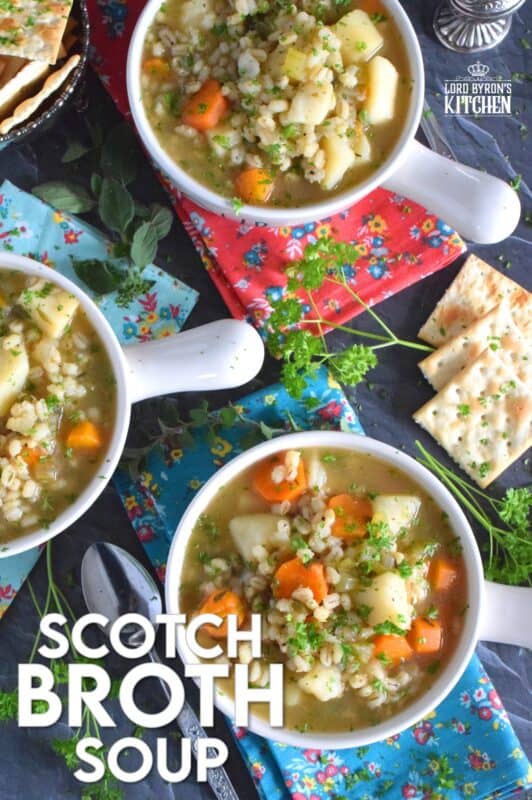 Based on the popular and delicious Scotch Broth, my Scotch Broth Soup is filling, hearty, and good for you too! Unlike the original which is prepared with lamb, mutton, or beef, this version is completely vegetarian and packed with pearl barley and lots of root vegetables! #soup #vegetarian #barley