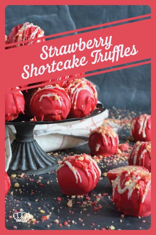 Prepared with crushed vanilla-flavoured Golden Oreos, cream cheese, and homemade strawberry shortcake crumbs, these Strawberry Shortcake Truffles are dipped in melted red candy melts and drizzled with white melted chocolate. They’re beautifully bold and bright, and delicious too! #truffles #valentines #nobake #pink #candy
