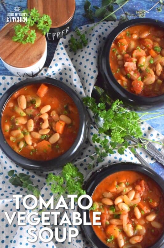 This soup is thick, hearty, and filling! Tomato Vegetable Soup is in fact more like a stew than a soup! It has a dense, homestyle tomato flavour combined with the creaminess of tender white beans, and is paired with lots of fresh and good-for-you vegetables too. Yummy!  Sounds good to me! #beans #soup #vegetables #tomato