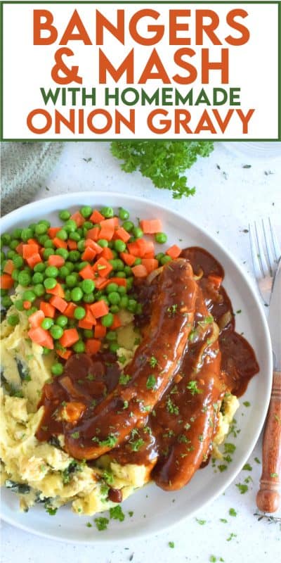 The ultimate comfort food is mashed potatoes and gravy. Serving pan-fried bangers with the two is a no-brainer! This hearty, family-friendly meal is easy to prepare and quite delicious.  Bangers and Mash with Homemade Onion Gravy might be considered peasant food, but I'd serve this to the fanciest of folks without any hesitation! #bangers #mash #irish #stpatricksday