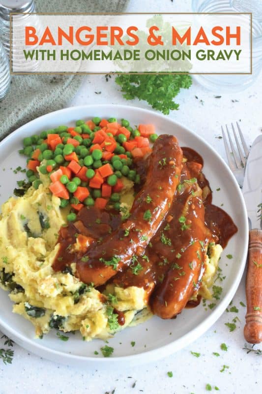 The ultimate comfort food is mashed potatoes and gravy. Serving pan-fried bangers with the two is a no-brainer! This hearty, family-friendly meal is easy to prepare and quite delicious.  Bangers and Mash with Homemade Onion Gravy might be considered peasant food, but I'd serve this to the fanciest of folks without any hesitation! #bangers #mash #irish #stpatricksday