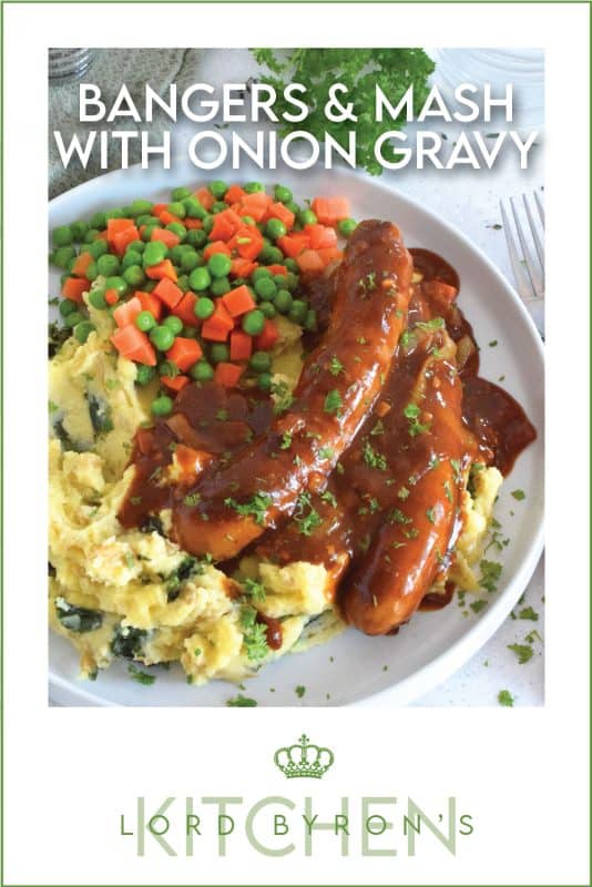The ultimate comfort food is mashed potatoes and gravy. Serving pan-fried bangers with the two is a no-brainer! This hearty, family-friendly meal is easy to prepare and quite delicious.  Bangers and Mash with Homemade Onion Gravy might be considered peasant food, but I'd serve this to the fanciest of folks without any hesitation! #bangers #mash #irish #stpatricksday